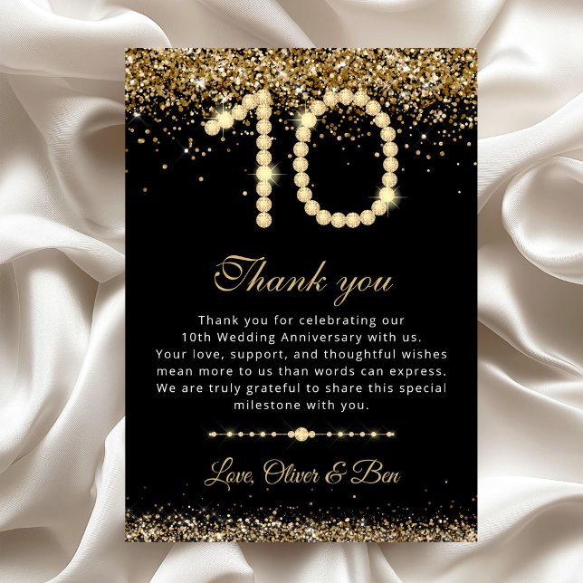 Guld Diamanter 10-årsjubileum Tacksamhetskort Inbjudningar (Gold Diamond 10th Anniversary wedding Thank you card)