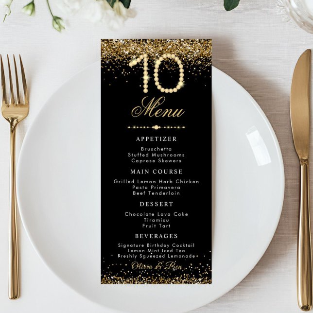 Guld Diamanter 10-årsjubileums Middag Flat Meny (Gold Diamond 10th Anniversary wedding Menu card)