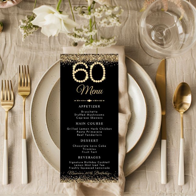 Guld Diamanter 60-årsfirande Middagsmeny Meny (Gold Diamonds 60th Birthday Party menu card)