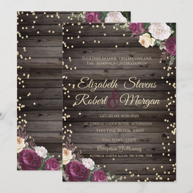 Guld Diamanter Burgunder Blommor Trä Inbjudningar (Fram/baksida)