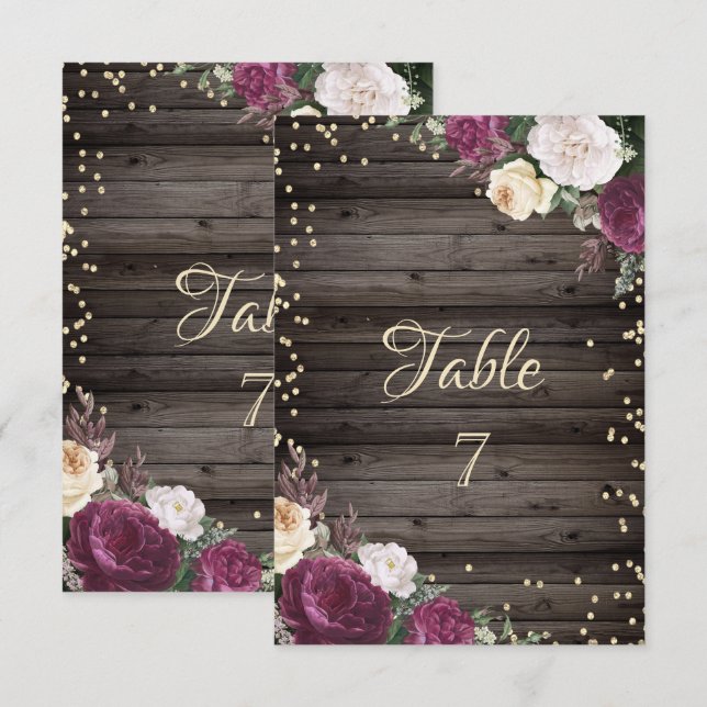 Guld Diamanter Burgunderfärgade Blommor Trä Inbjudningar (Fram/baksida)