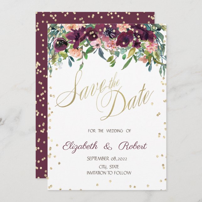 Guld diamanter Burgundy Flowers sparar datumet Spara Datumet (Fram/baksida)