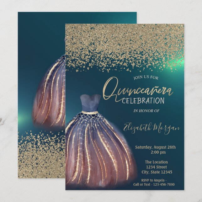 Guld Diamanter, Chic klänning Grön  Quinceañera Inbjudningar (Fram/baksida)