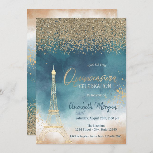Guld-diamanter,Eiffel Torn Paint SplashQuinceanera Inbjudningar (Fram/baksida)