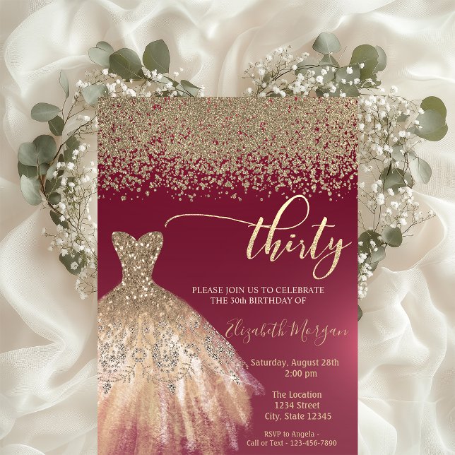 Guld-diamanter,Elegant Burgundy 30års födelsedag Inbjudningar (Skapare uppladdad)