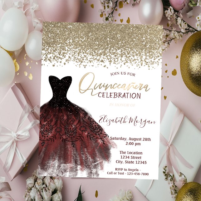 Guld diamanter,Elegant Burgundy Dress Quinceañera Inbjudningar (Skapare uppladdad)