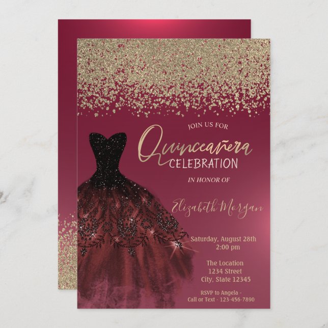 Guld-diamanter,Elegant Dress Red Quinceanera Inbjudningar (Fram/baksida)