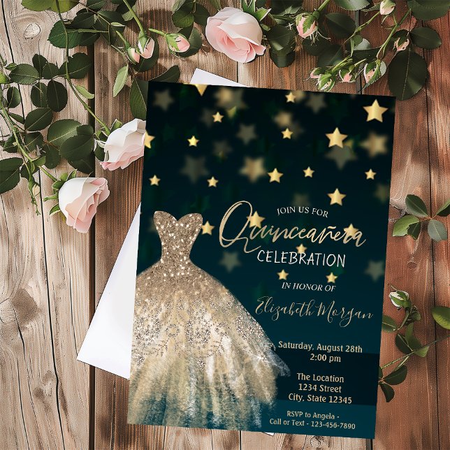 Guld diamanter,Elegant Dress Stars Quinceañera Inbjudningar (Skapare uppladdad)