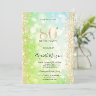Guld Diamanter Grön Blå Bokeh 80-årsdag Inbjudningar