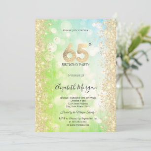 Guld Diamanter Grönt Blått Bokeh 65-årsdag Inbjudningar