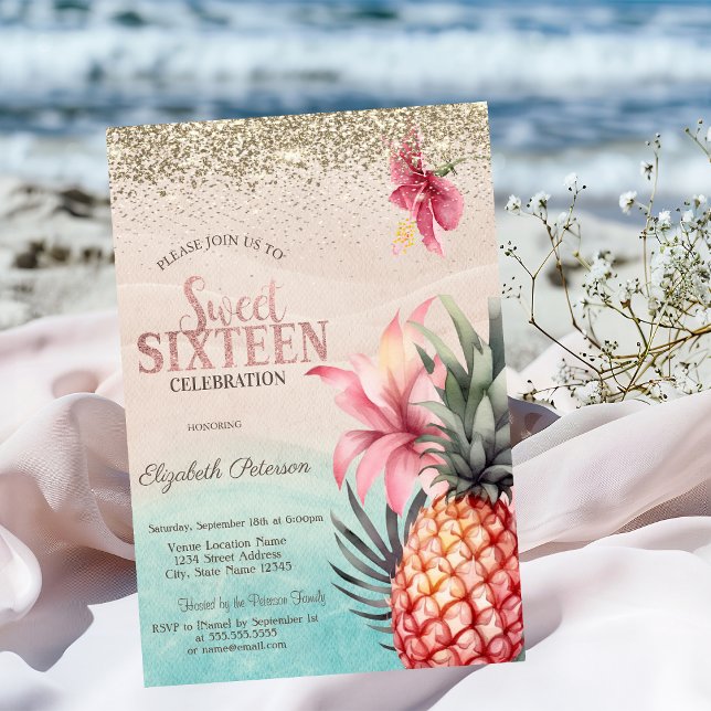 Guld Diamanter,Hibiskus Ananas Strand Sweet 16 Inbjudningar (Skapare uppladdad)