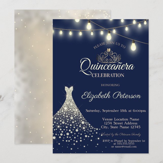 Guld Diamanter Klänning Quinceañera Inbjudningar (Fram/baksida)