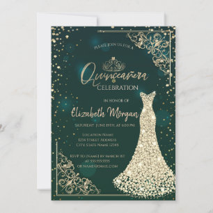 Guld Diamanter Klänning Tiara Grön Quinceañera Inbjudningar