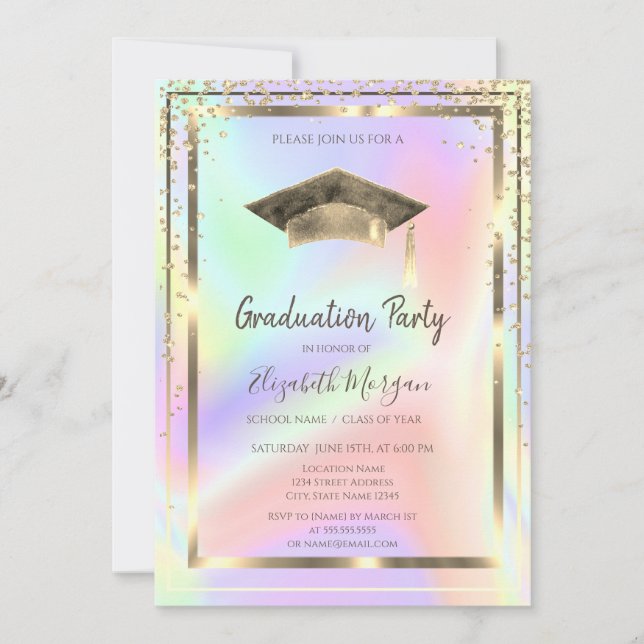 Guld-diamanter,Watercolor Grad Cap HoloGraph Inbjudningar (Framsida)