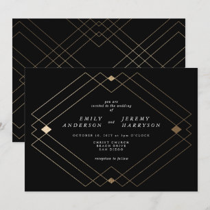 Guld Diamond Black Geometric Deco Gatsby Bröllop Inbjudningar