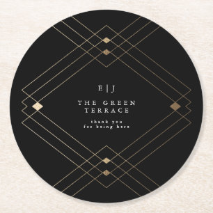 Guld Diamond Black Geometric Deco Gatsby Bröllop Underlägg Papper Rund