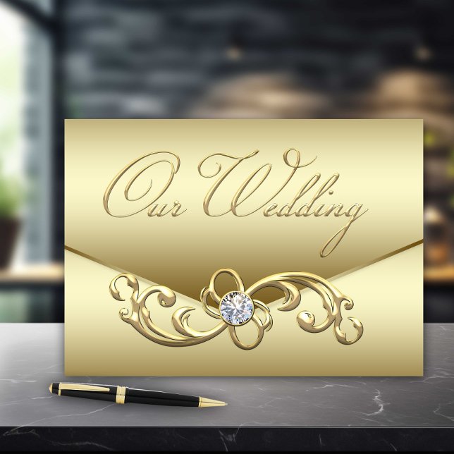 Guld Diamond Bröllop Guest Bok (Elegant gold wedding guest book.)