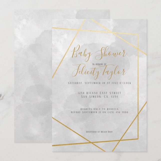 Guld Diamond Geometric Grått Watercolor Baby Showe Inbjudningar (Fram/baksida)