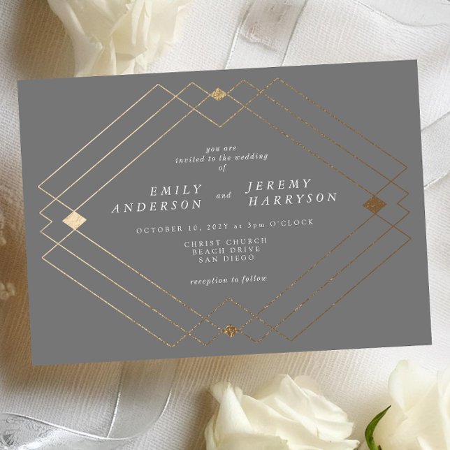 Guld Diamond Grått Geometric Deco Gatsby Bröllop Inbjudningar (Skapare uppladdad)