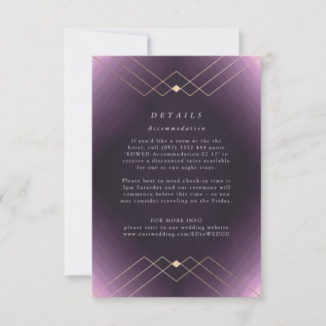 Guld Diamond Lila Geometric Deco Gatsby Bröllop OSA Kort (Framsida)