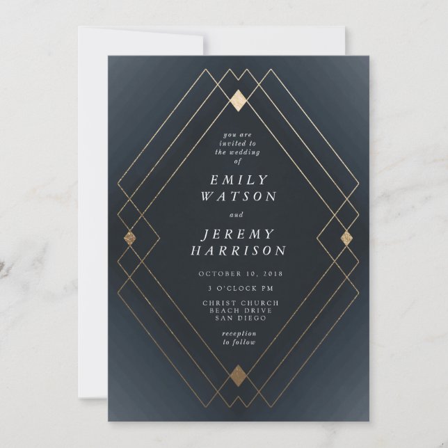 Guld Diamond Navy Geometric Deco Gatsby Bröllop Inbjudningar (Framsida)