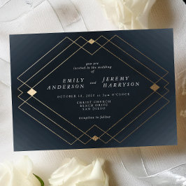 Guld Diamond Navy Geometric Deco Gatsby Bröllop Inbjudningar