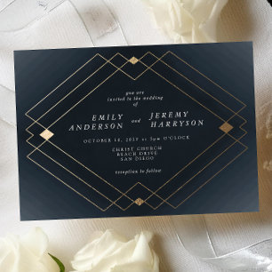 Guld Diamond Navy Geometric Deco Gatsby Bröllop Inbjudningar
