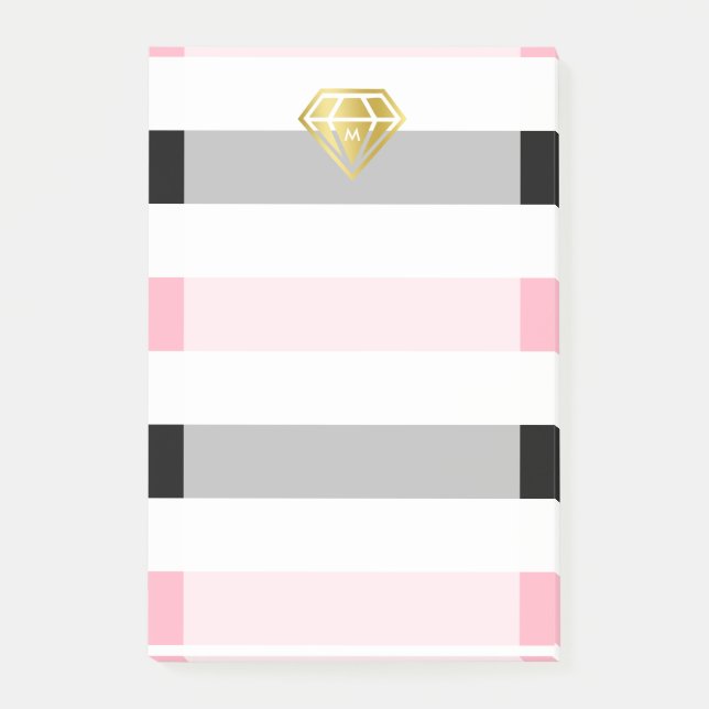 Guld Diamond & Rosa & Black Rand Monogram Post-it Block (Framsida)
