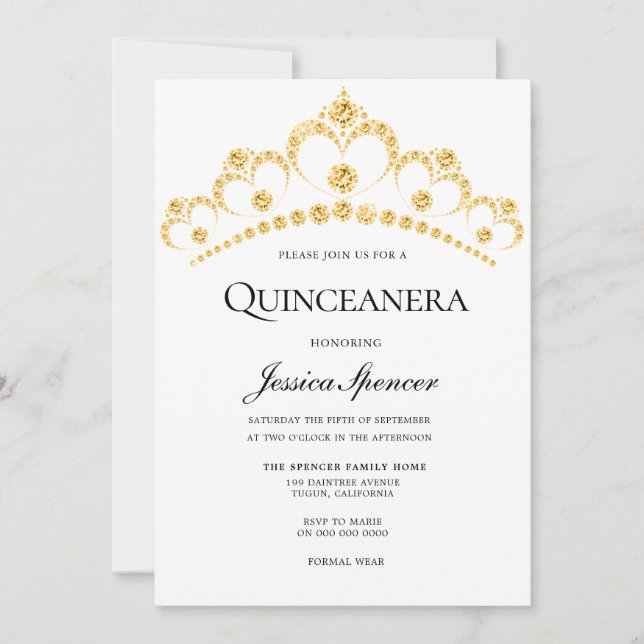 Guld Diamond Tiara Quinceanera Party Inbjudan (Framsida)