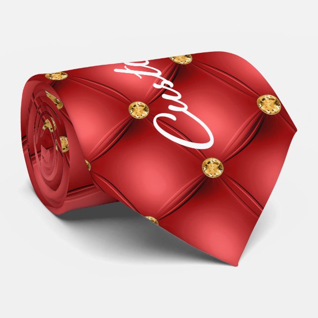Guld Diamond Tuftad röd läder Neck Käck din text Slips (Rullad)