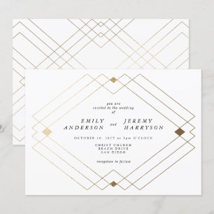 Guld Diamond White Geometric Deco Gatsby Bröllop Inbjudningar