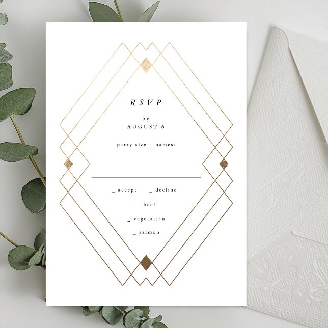 Guld Diamond White Geometric Deco Gatsby Bröllop OSA Kort (Skapare uppladdad)
