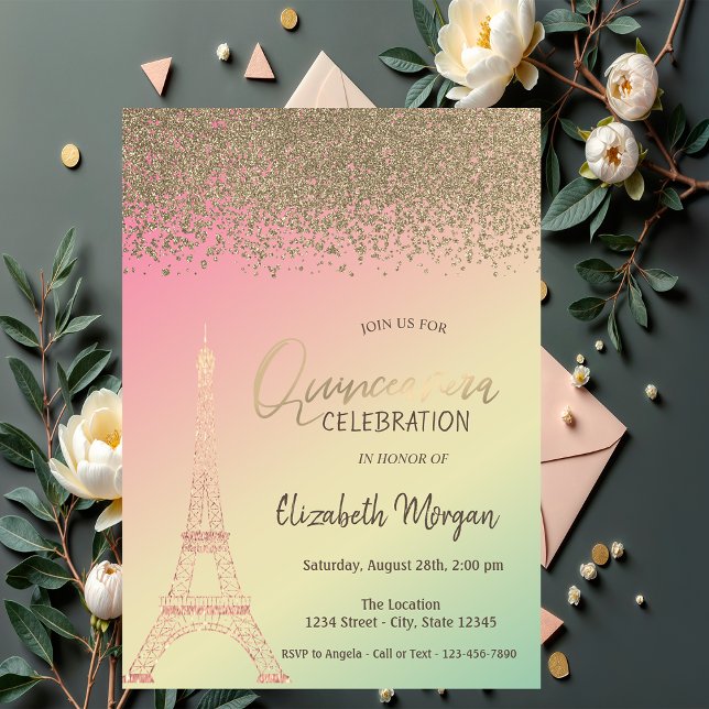 Guld Diamonder,Eiffel Torn Ombre Quinceañera Inbjudningar (Skapare uppladdad)