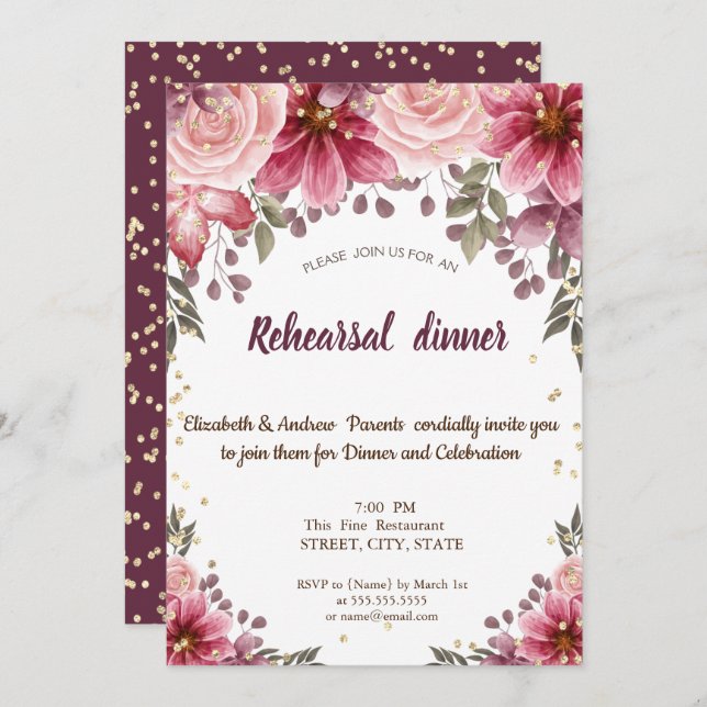 Guld Diamonds Blommigt Burgundy Rehearsal Middag Inbjudningar (Fram/baksida)