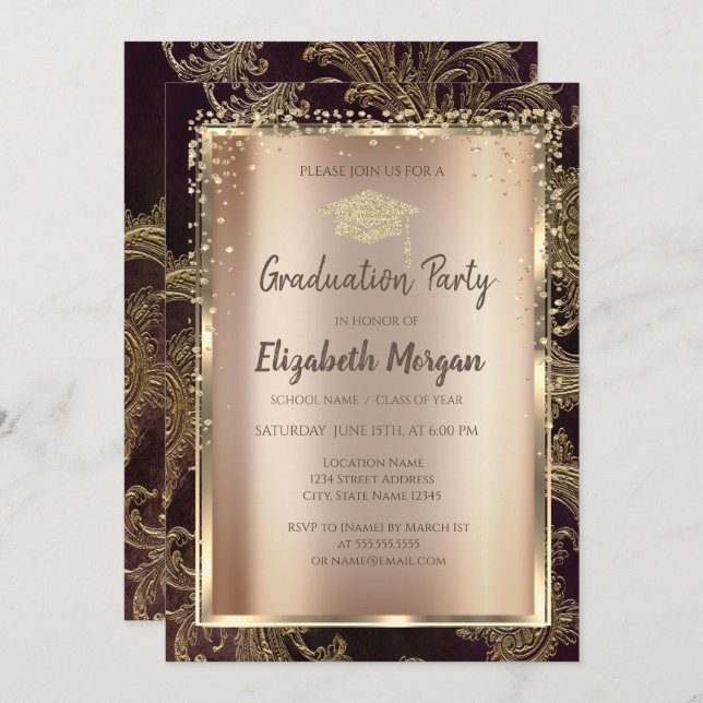 Guld Diamonds Blommigt Damask Studenten Inbjudningar (Fram/baksida)