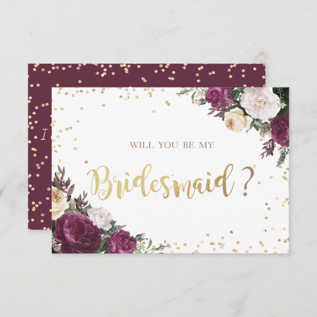 Guld Diamonds Burgundy Blommigt Bridesmaid Card Inbjudningar (Fram/baksida)