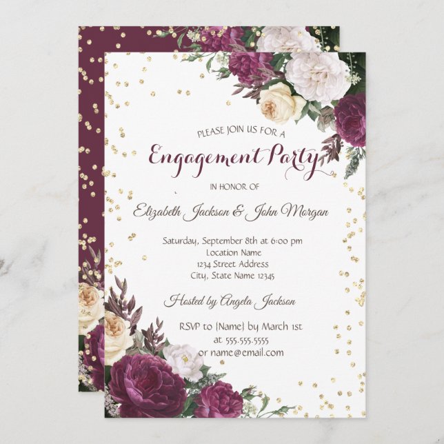 Guld Diamonds Burgundy Blommigt Förlovning Inbjudningar (Fram/baksida)