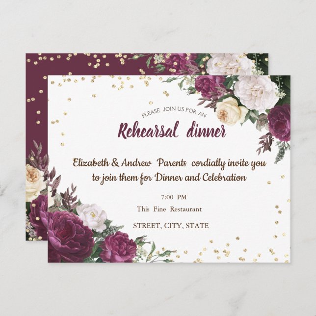 Guld Diamonds Burgundy Blommigt Rehearsal Middag Inbjudningar (Fram/baksida)