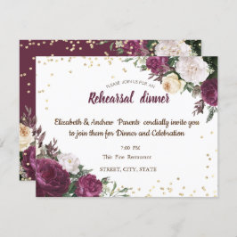 Guld Diamonds Burgundy Blommigt Rehearsal Middag Inbjudningar