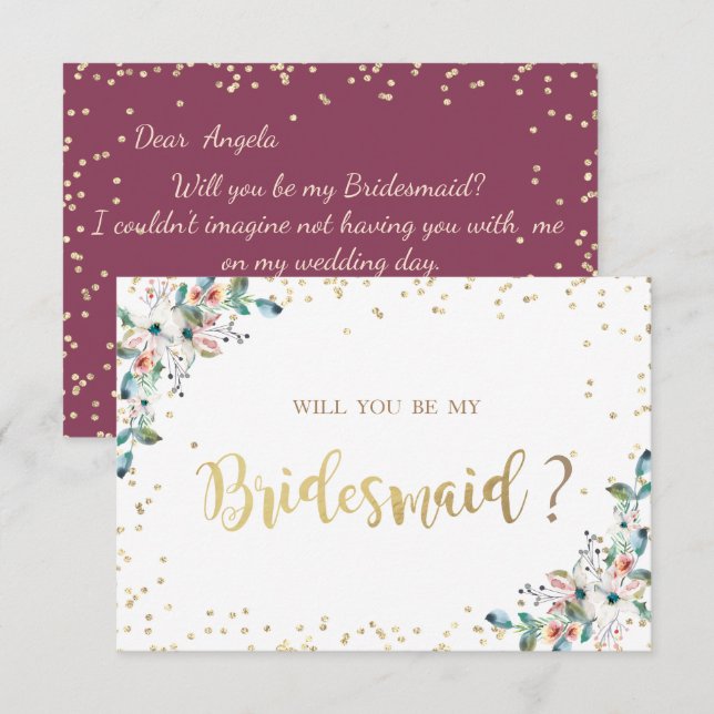 Guld Diamonds Burgundy Flowers Bridesmaid Card Inbjudningar (Fram/baksida)