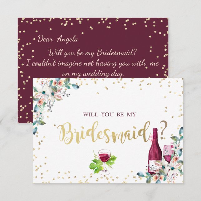 Guld Diamonds Burgundy Flowers Bridesmaid Card Inbjudningar (Fram/baksida)