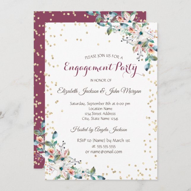 Guld Diamonds Burgundy Flowers Förlovning Inbjudningar (Fram/baksida)