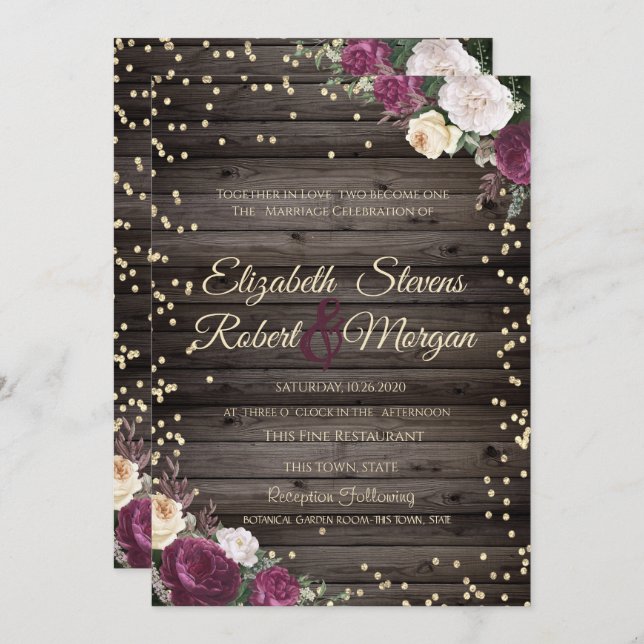 Guld Diamonds Burgundy Flowers Wood Inbjudningar (Fram/baksida)