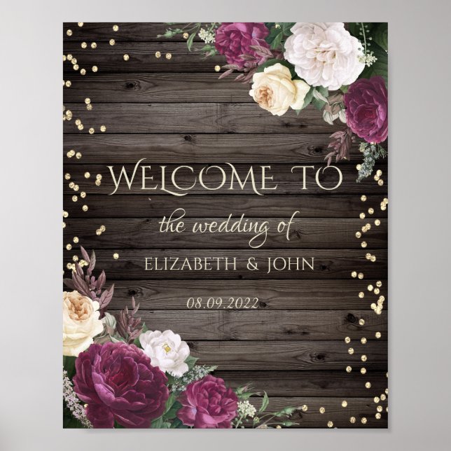 Guld Diamonds Burgundy Flowers Wood Save Date Poster (Framsidan)