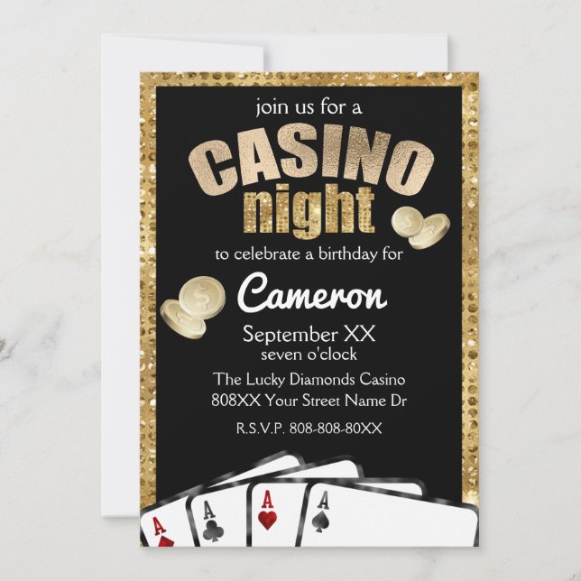 Guld Diamonds Casino Night Party Inbjudningar (Framsida)