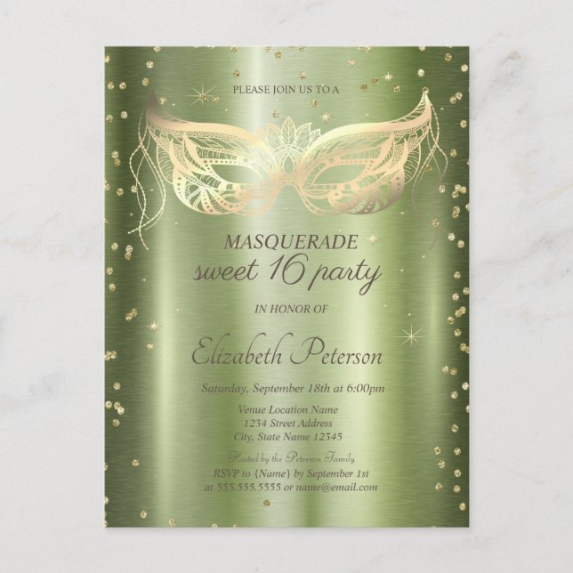Guld Diamonds Grönt Metallic Sweet 16 Inbjudan Vykort (Framsida)