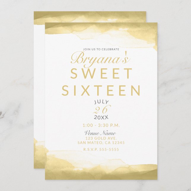 Guld Dijon Mustard Watercolor Modern Chic Sweet 16 Inbjudningar (Fram/baksida)