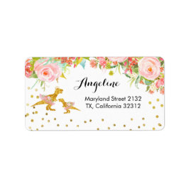 Guld Dino och Rosa Flower Address Label Adressetikett