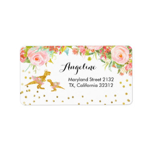 Guld Dino och Rosa Flower Address Label Adressetikett