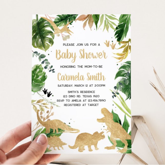 Guld Dinosaur Baby Shower Inbjudningar (Baby Boy Dinosaur Baby Shower Invitation)